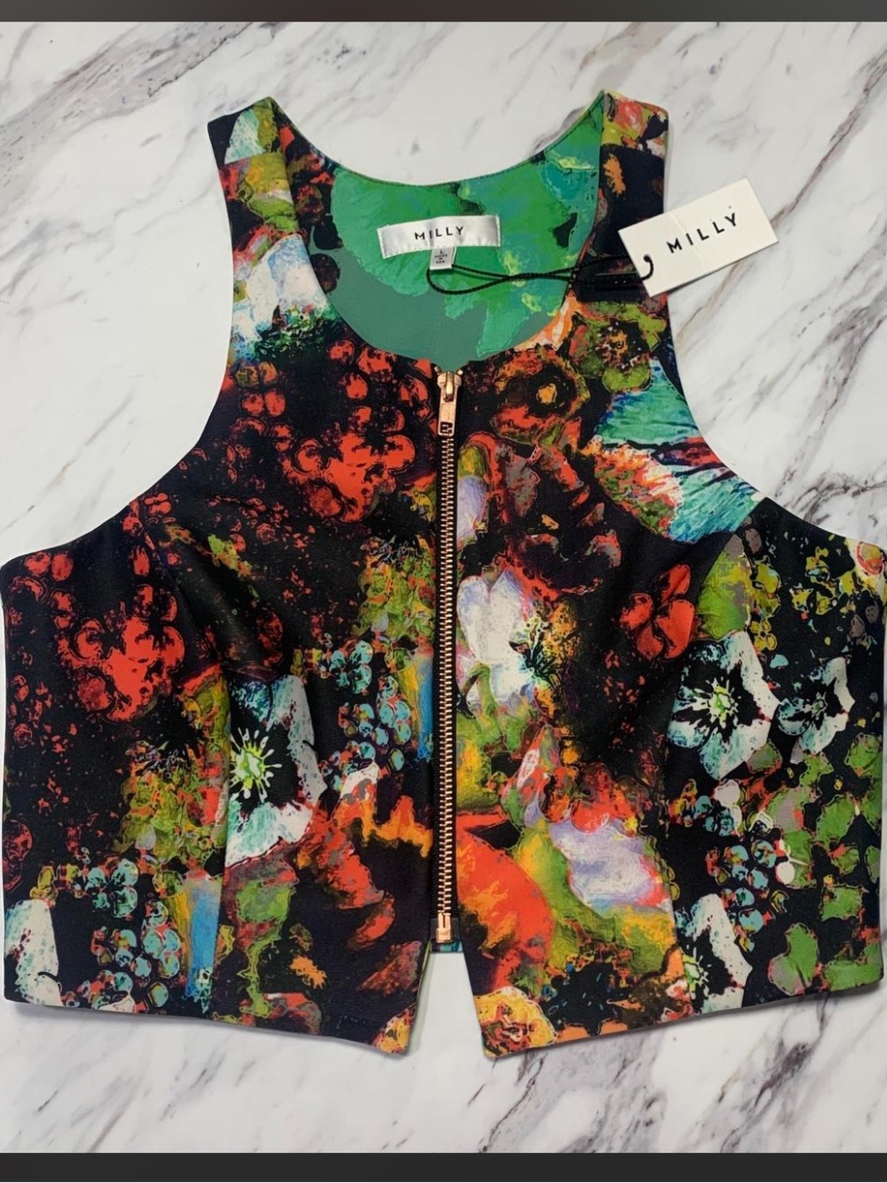 Milly Black Multicolor Floral Zip Crop Top